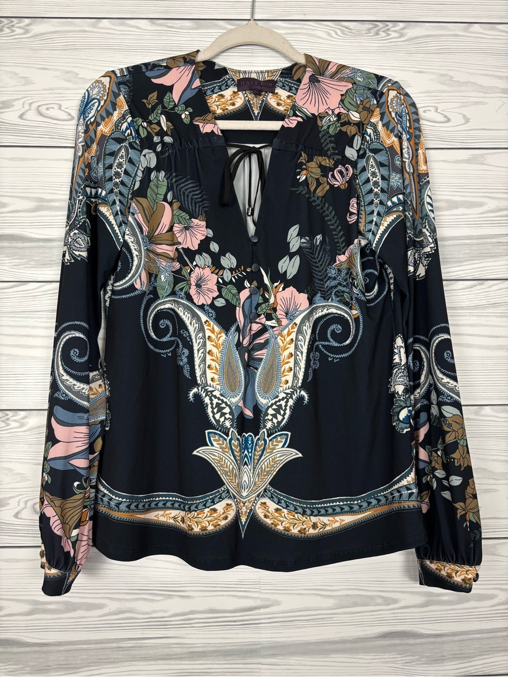 Hale Bob Floral print dark navy tie blouse size medium